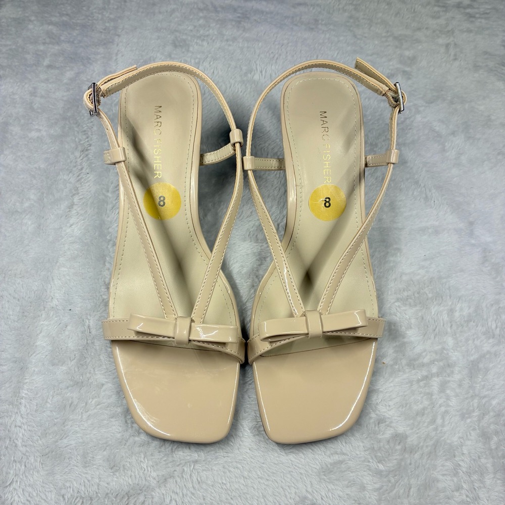 New Marc Fisher Davila Beige Patent Strappy Bow Kitten Heel Sandals Womens 8M
